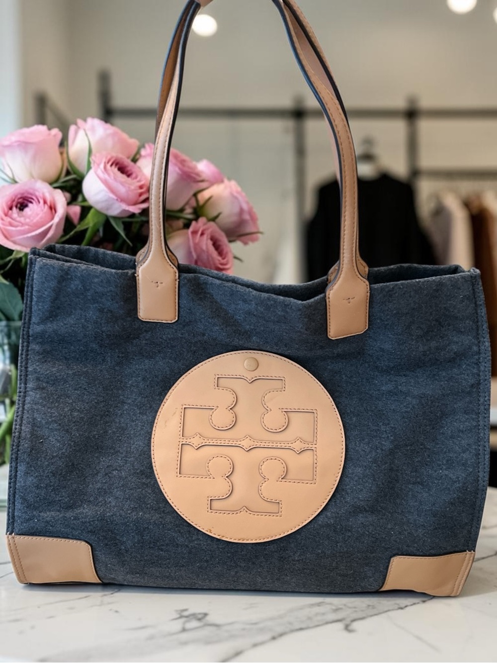 Tory Burch Ella Wool and Leather Large Tote